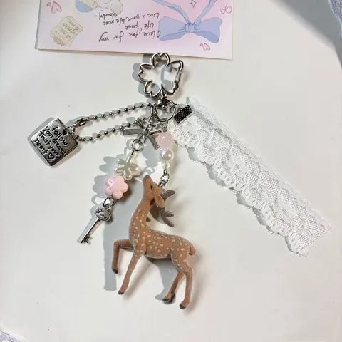 Lace Flocked Deer Bag Charm Cute Pearl Beaded Keychain Pendant Resin Animal Key Ring Accessories For Women Girls Gift