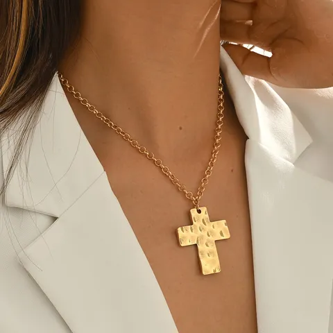 Collana con Croce Vintage Francese Per Donne Tessitura in Rame Martellato Minimalista Catena di Moda
