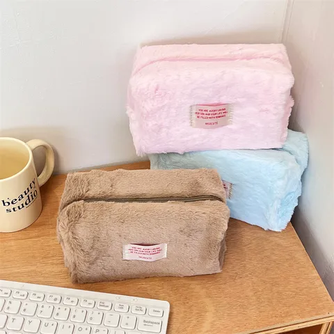 Ins Style Simple Solid Color Plush Makeup Bag Large Capacity Skincare Storage Pouch Portable Travel Toiletry Bag