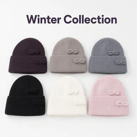 Mujer Invierno Caliente Tejido Gorro Beanie Mezcla Pelo de Conejo Gorra Con Vuelta Con Doble Lazo Estilo Coreano Moda Sombrerería