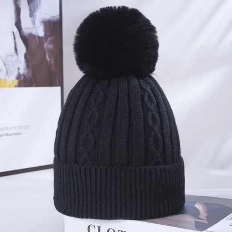 Gorro de Punto de Cable Grueso de Invierno para Mujer con Pompon Grande de Piel Sintética Dobladillo Cálido