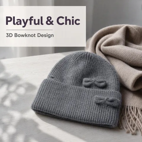 Mujer Invierno Caliente Tejido Gorro Beanie Mezcla Pelo de Conejo Gorra Con Vuelta Con Doble Lazo Estilo Coreano Moda Sombrerería