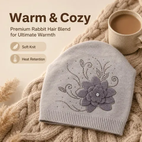 Women Winter Warm Rabbit Hair Blend Knit Hat Rhinestone 3D Floral Slouchy Beanie Ear Protection Cap