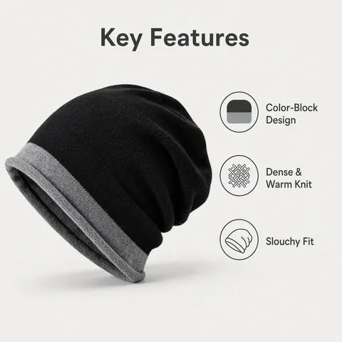 Gorro de Punto Grueso y Cálido Unisex Invierno Bloque de Color Slouchy Mezcla de Lana Gorra Casual Clima Frío Hombre Mujer