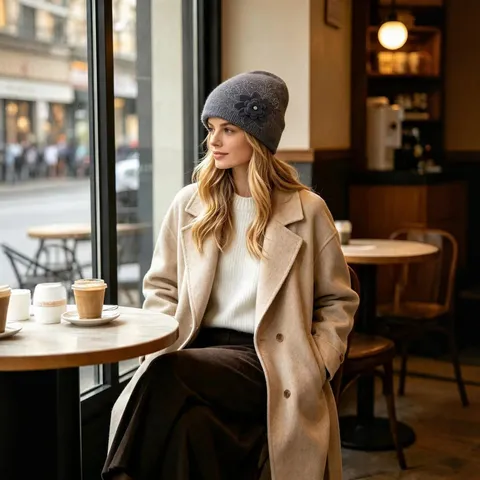 Women Winter Warm Rabbit Hair Blend Knit Hat Rhinestone 3D Floral Slouchy Beanie Ear Protection Cap