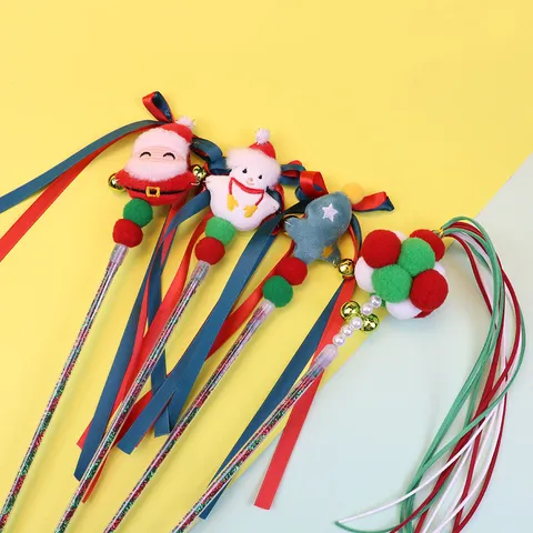 Varita de Juguete de Navidad para Gatos Juguete Interactivo Con Peluche Papá Noel Alce Campana Cinta Suministros de Entretenimiento para Mascotas