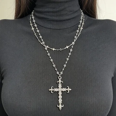 Gothic Vintage Cross Pendant Necklace Women Zinc Alloy Rhinestone Layered Chain Y2K Aesthetic Streetwear Choker Fashion Jewelry Gift