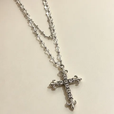 Gothic Vintage Cross Pendant Necklace Women Zinc Alloy Rhinestone Layered Chain Y2K Aesthetic Streetwear Choker Fashion Jewelry Gift