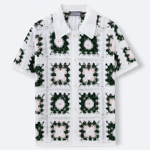 Heren Retro Handgehaakt Poloshirt Vintage Granny Square Gebreide Korte Mouw Button Down Top Summer Casual Beach Wear