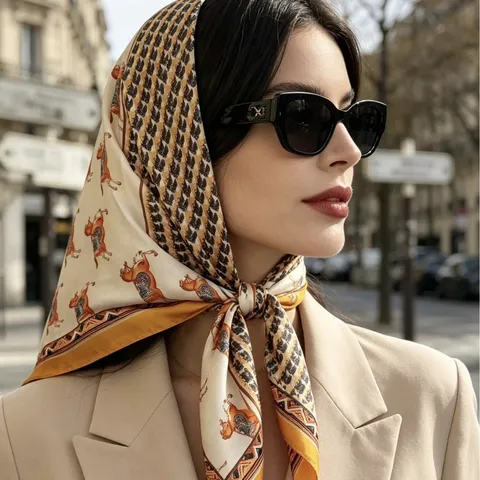 Women Vintage Horse Print Satin Square Scarf French Style Retro Elegant Head Scarf Neck Neckerchief Handbag Accessory