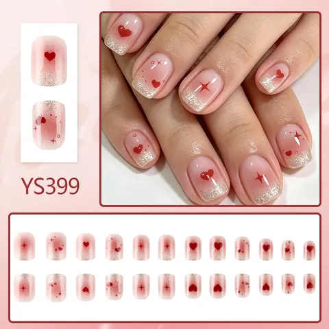 Glossy Pink Ombre Press On Nails With Red Heart And Silver Glitter For Valentine Day Sweet French Style Fake Nails