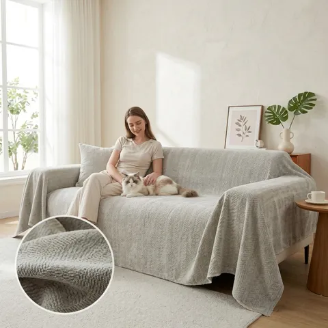 Chenille Herringbone Sofa Cover Large Woven Throw Blanket With Tassels Solid Color Furniture Protector Modern Home Decor