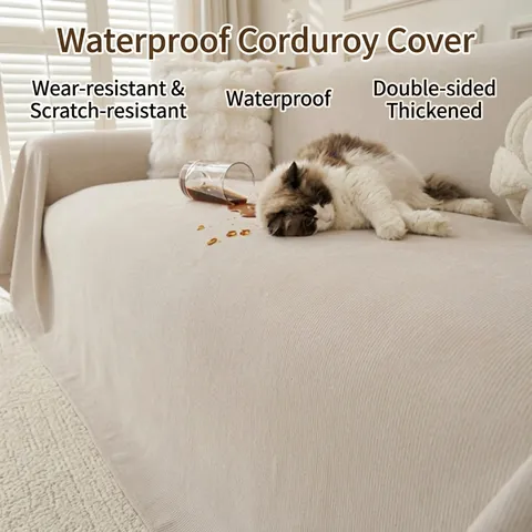 Thickened Corduroy Sofa Cover Anti-Cat Scratch Waterproof Sofa Towel Japanese Style Solid Color Jacquard Furniture Protector For Living Room