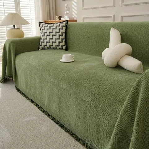Chenille Herringbone Sofa Cover Universal Sofa Towel With Tassel Fringe Solid Color Couch Throw Blanket Protective Slipcover
