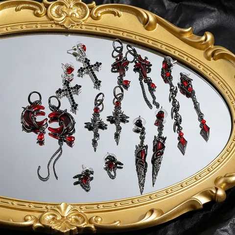 Gothic Dark Red Heart Spider Rose Earrings For Women Gunmetal Silver Alloy Rhinestone Bow Cross Sword Anatomical Heart Earrings