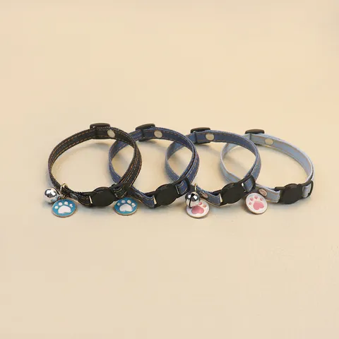 Pet Denim Collar Adjustable Cute Bell Footprint Charm Puppy Cat Neck Strap Fashion Pet Accessories Supplies