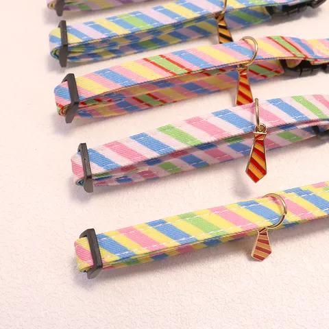 Colorful Striped Pet Collar With Metal Tie Pendant Adjustable Neck Strap For Small Medium Dogs And Cats Pet Accessories