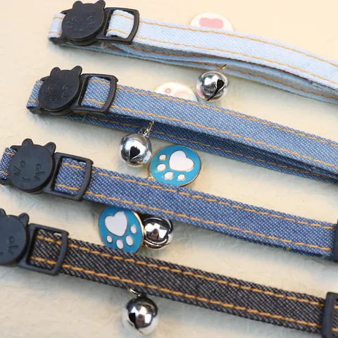Pet Denim Collar Adjustable Cute Bell Footprint Charm Puppy Cat Neck Strap Fashion Pet Accessories Supplies