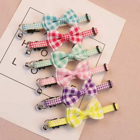 Cute Plaid Bowknot Pet Collar With Bell Polyester Adjustable Cat Dog Puppy Neck Strap Daily Pet Accessories