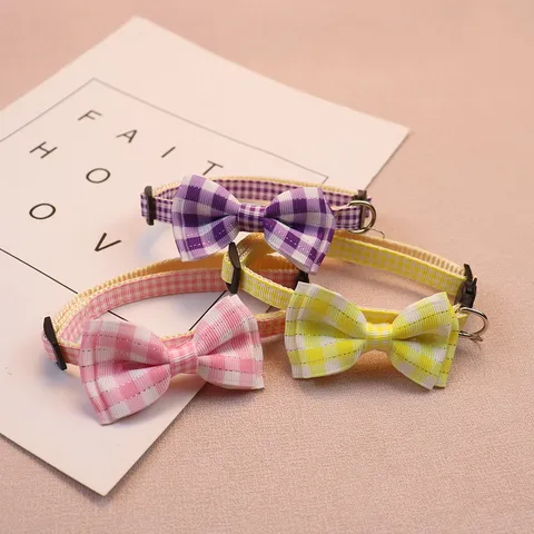 Cute Plaid Bowknot Pet Collar With Bell Polyester Adjustable Cat Dog Puppy Neck Strap Daily Pet Accessories