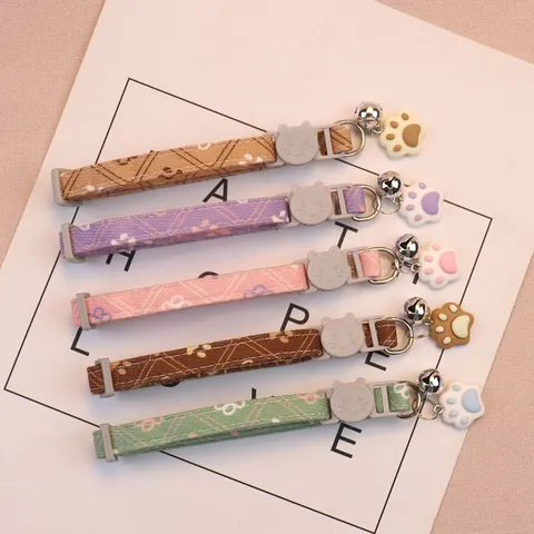 Adjustable Pet Collar Cat Dog Neck Strap With Bell Cute Paw Print Design Soft Cotton Blend Pet Accessories For Small Medium Pets