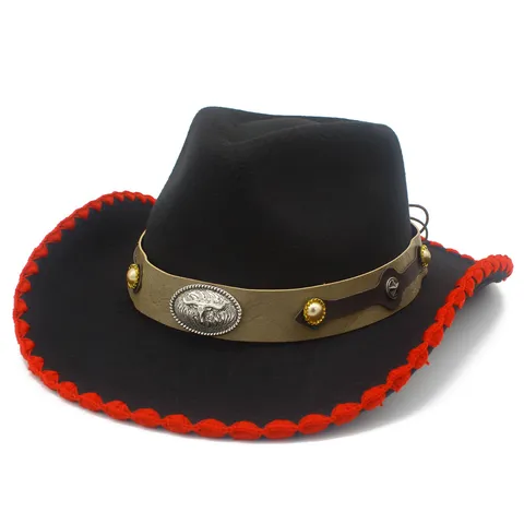 Femmes Hommes Laine Large Bord Fedora Chapeau Vintage Cowboy Chapeau Avec Boucle Métal Tête de Taureau Mode Chapeau Gentleman