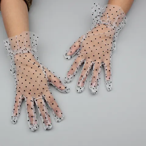 Guantes Cortos de Encaje para Mujer Lunares Volante Malla Transpirable Guantes de Boda de Novia Accesorios de Moda Para Damas