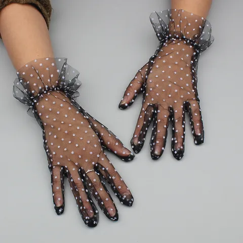Guantes Cortos de Encaje para Mujer Lunares Volante Malla Transpirable Guantes de Boda de Novia Accesorios de Moda Para Damas