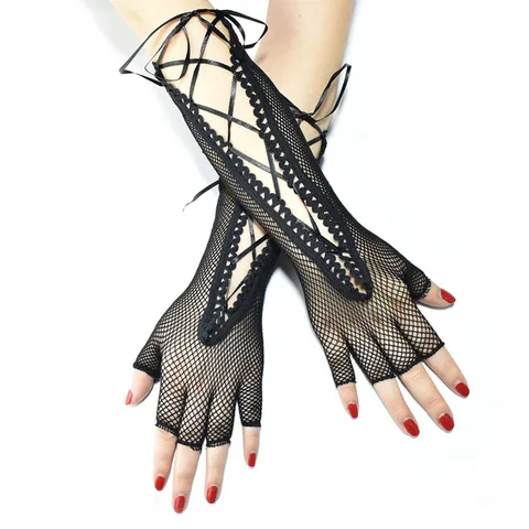 Guantes de Medio Dedo de Red Gótico Punk para Mujer Guantes de Malla con Cordones para Fiesta Retro