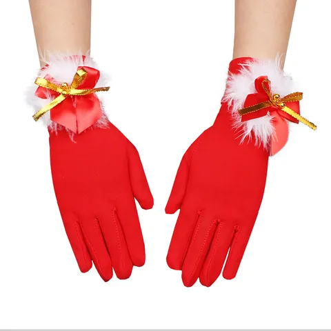 Guantes de Peluche de Navidad para Mujer Lazo Rojo Campana Dorada Mitones Cálidos de Invierno Accesorios de Disfraz de Fiesta Festiva