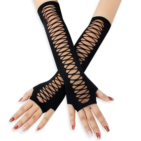 Guantes Largos Sin Dedos Punk para Mujer Calados Cruzados Malla Red Guantes Sexy Fiesta Discoteca Gótico Calentadores de Brazos