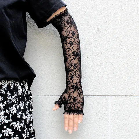 Guantes Largos de Encaje sin Dedos para Mujer Mangas de Protección Solar Malla Fina