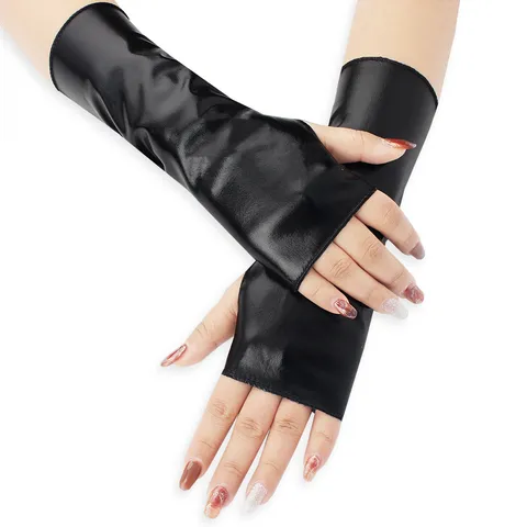 Fingerless Faux Patent Leather Gloves Short Punk Hip-Hop Stage Performance Gloves Halloween Costume Accessories