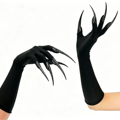 Guantes Negros Largos de Halloween Con Uñas Postizas Desmontables Accesorios de Disfraz de Bruja Mago Aterradores Para Fiesta Cosplay