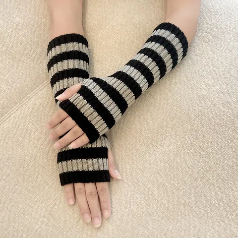 Calentadores de Brazo de Punto a Rayas para Mujer Guantes Sin Dedos Cálidos de Invierno Puños de Manga Elásticos Largos