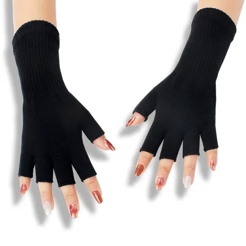Solid Color Acrylic Long Ribbed Fingerless Gloves Women Winter Warm Knit Arm Warmers