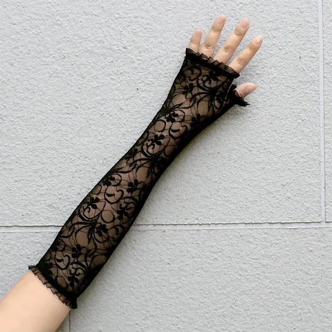 Guantes Largos de Encaje sin Dedos para Mujer Mangas de Protección Solar Malla Fina