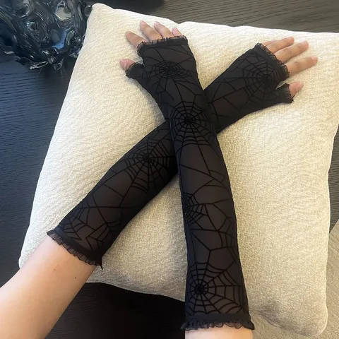 Halloween Cosplay Fiesta Telaraña Oscura Guantes Largos de Encaje de Medio Dedo Mujeres Moda Guantes de Protección Solar