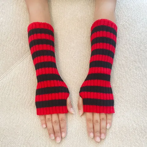 Calentadores de Brazo de Punto a Rayas para Mujer Guantes Sin Dedos Cálidos de Invierno Puños de Manga Elásticos Largos