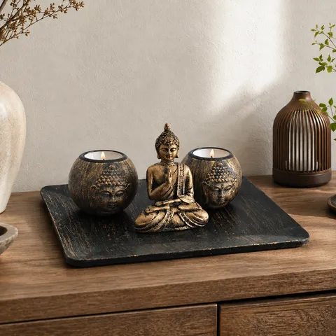 Set Portacandela Testa di Buddha E Pesce Blu Retro Cinese Legno Resina Scrivania Casa Decorazione Artigianato