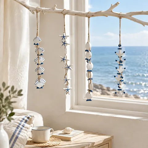 Stile Mediterraneo Legno Marino Parete Sospesa Decorazione Stella Marina Conchiglia Ancora Pesce Ciondolo Corda Casa Stanza Decorazione