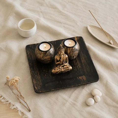 Set Portacandela Testa di Buddha E Pesce Blu Retro Cinese Legno Resina Scrivania Casa Decorazione Artigianato
