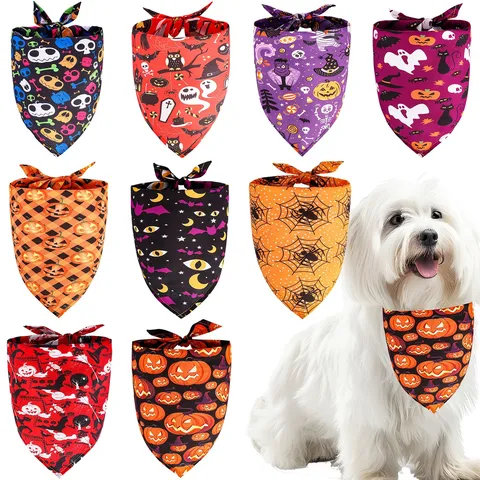 Foulard Triangle pour Animaux de Compagnie Halloween Polyester Crâne Citrouille Imprimé Chien Chat Serviette de Salive Accessoires de Costume de Fête
