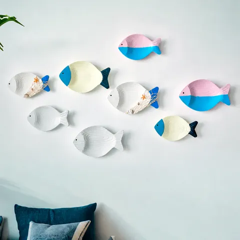 Stile Mediterraneo Pesce in Legno Decorazione Murale Sospesa Scultura Tema Oceano Marino Casa Soggiorno Bar Caffè Ornamento