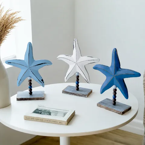 Adorno de Mesa de Madera Estilo Mediterráneo Estrella de Mar Azul Blanco Tema Marino Decoración de Escritorio Para Hogar y Oficina