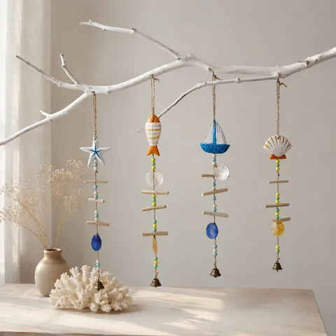 Ciondolo Sospeso in Legno con Carillon a Vento a Stella Marina con Conchiglia a Barca a Vela dell'Oceano Mediterraneo per la Decorazione della Parete del Balcone della Finestra della Porta di Casa