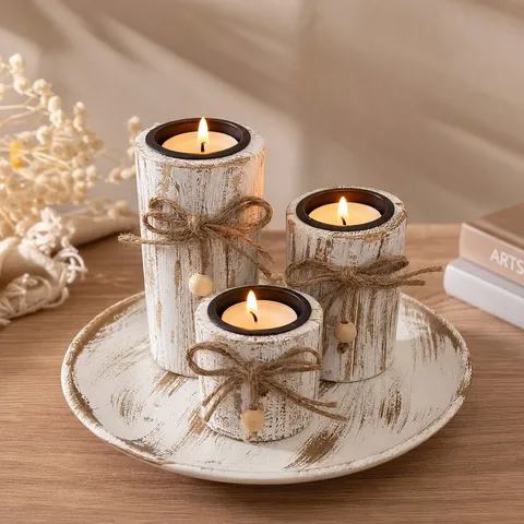 Set Portacandela in Legno Antico Nordico Con Vassoio Portacandele a Colonna Bianco Invecchiato Per Decorazione Casa Festa Matrimonio