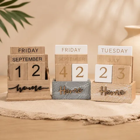 Calendario Perpetuo in Legno Ornamentale da Scrivania Vintage Blocco di Legno Display Data Decorazione Casa Ufficio