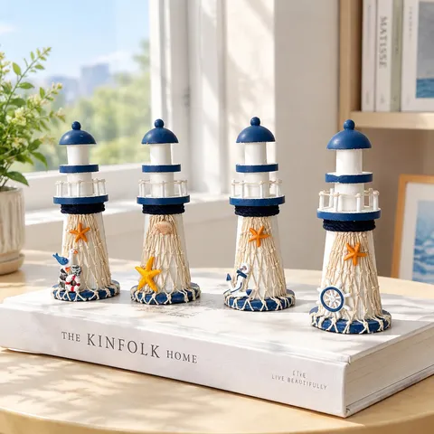 Faro in Legno Mediterraneo Ornamento Decorazione da Tavolo Nautica Blu Bianco Statuetta da Scrivania Regalo Artigianale per la Casa Costiera