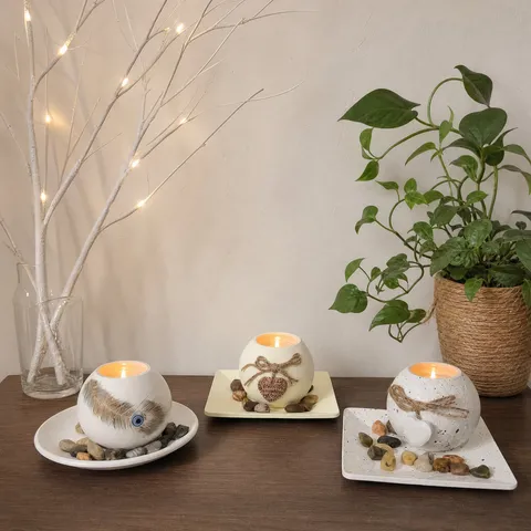 Candelabro Esférico de Cerámica Retro Decoración de Cuerda de Cáñamo Base de Cera de Té Adorno de Escritorio para el Hogar